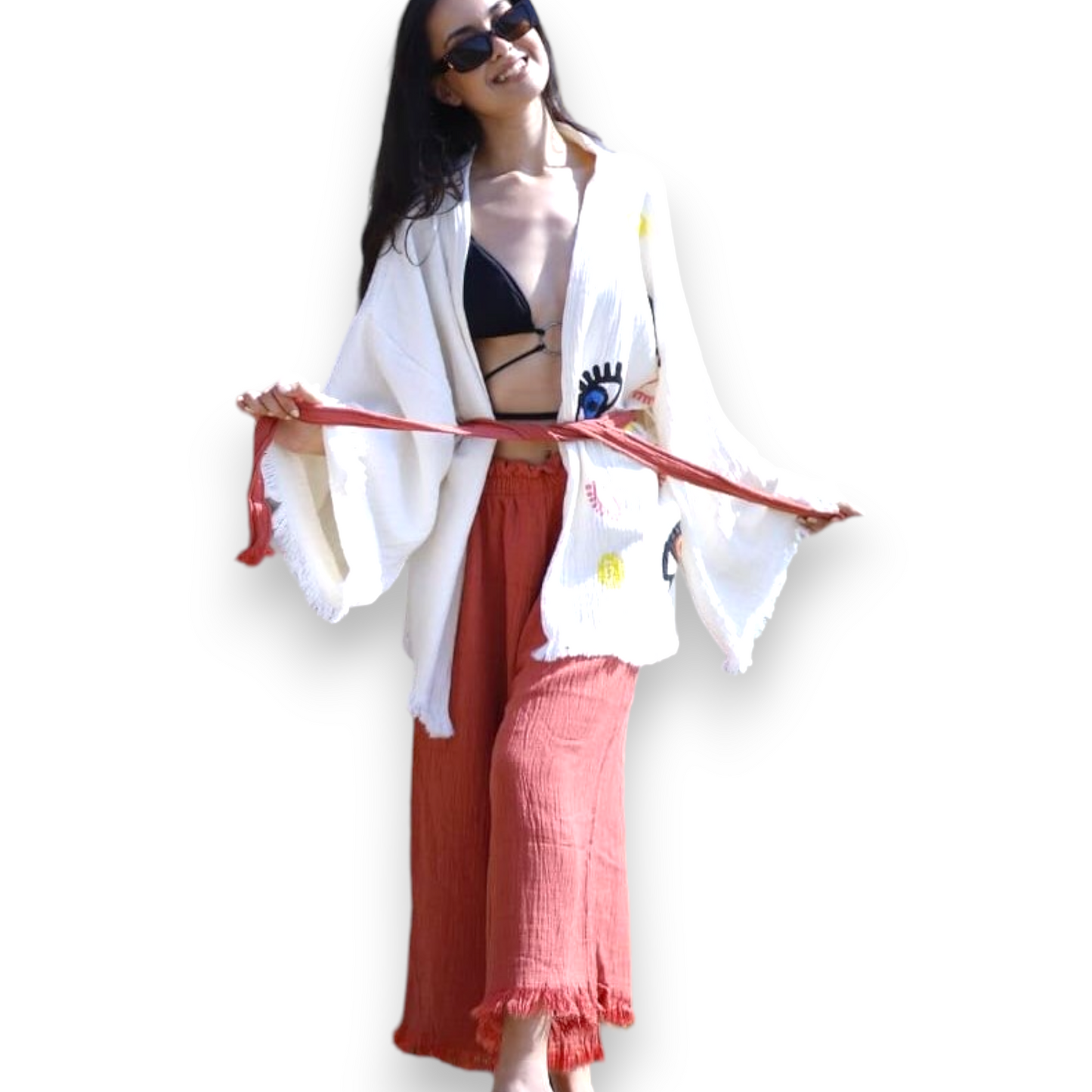 Evil Eye Natural Cotton Kimono Jacket Pants Set