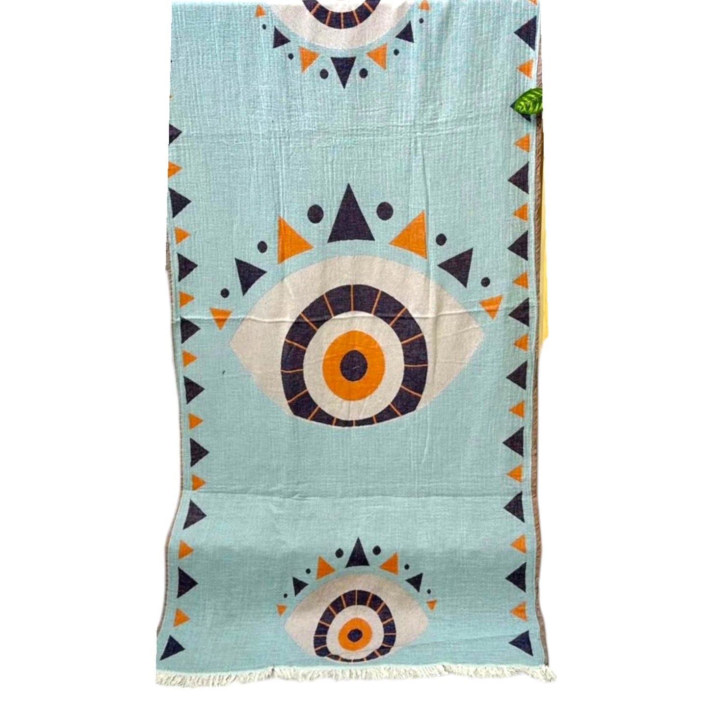 Turquoise Turkish Towel with Evil Eye patterns in orange and blue colors, displayed on hangers.