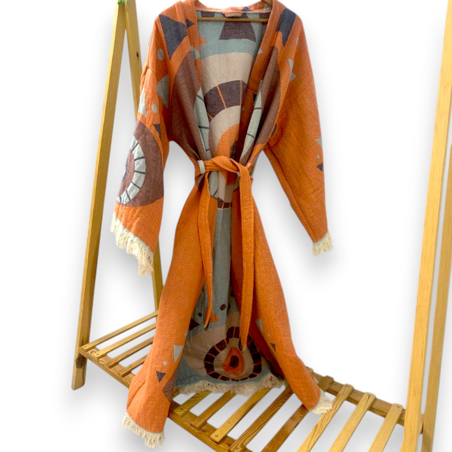 Natural Cotton Turkish Towel Evil Eye Kimono Robe and Towel Set – Handwoven, Sustainable, One Size Kimono with Matching 90x180 cm Hammam Towel by Derviş Textiles
