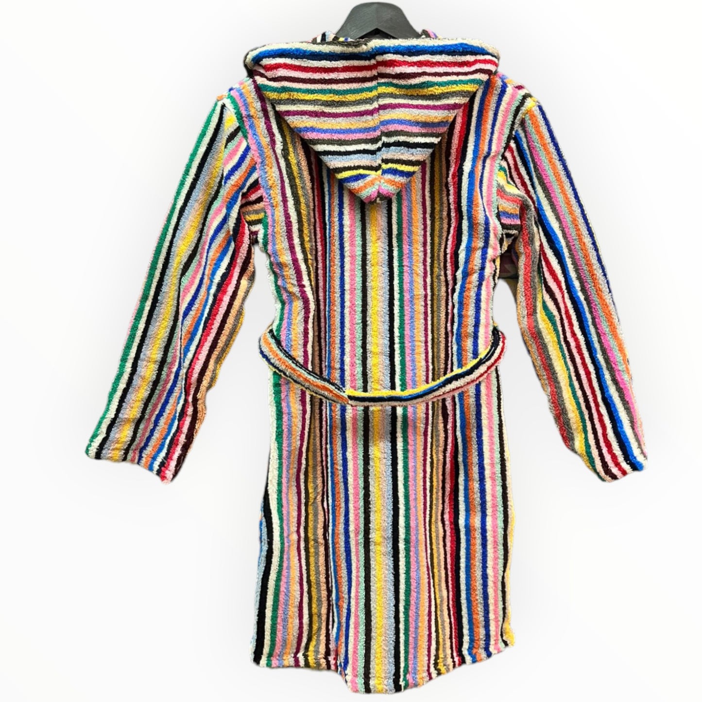 Handwoven kids' bathrobe, front view, in natural Turkish cotton terry with multi-color stripes. Includes hood, belt, and two pockets.