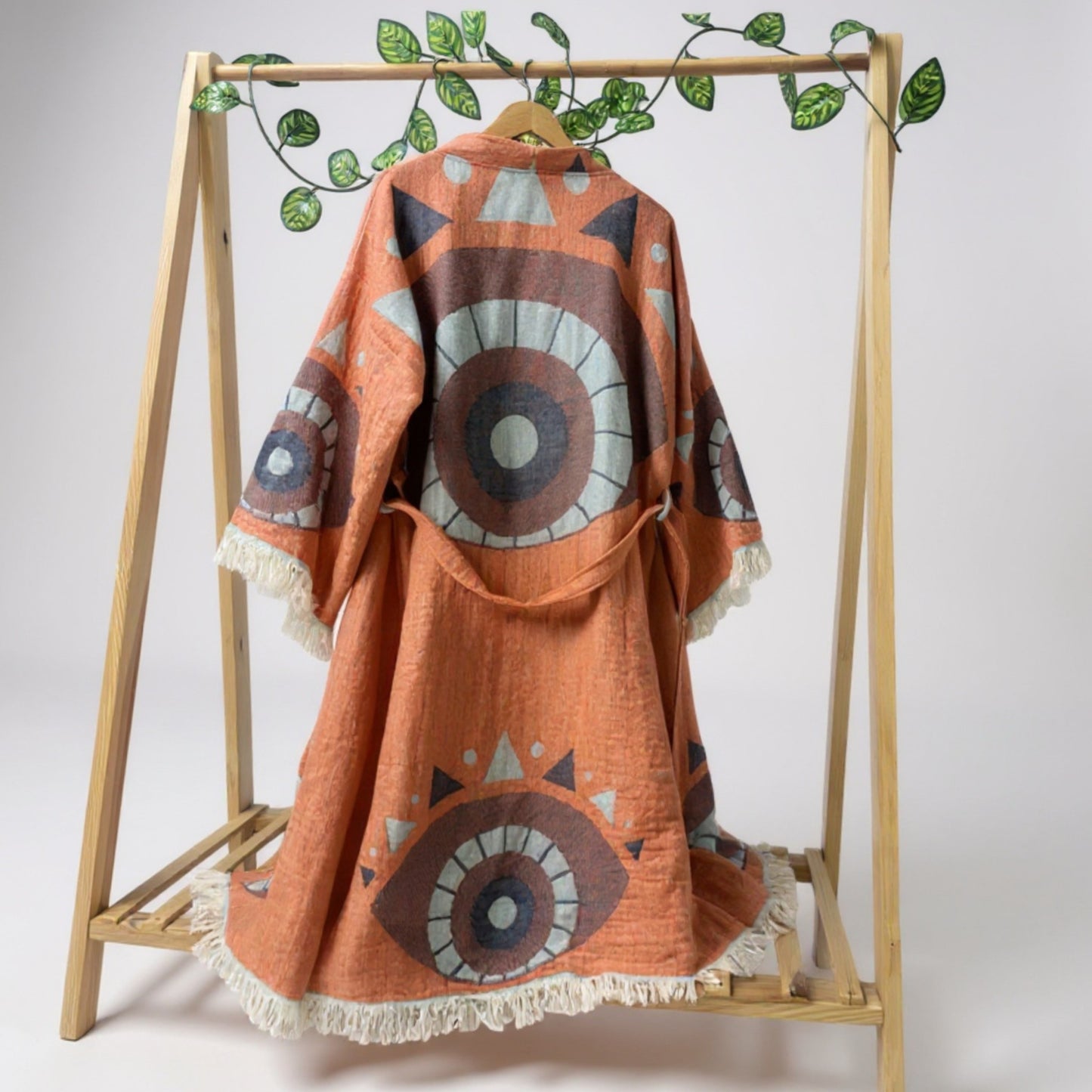Natural Cotton Turkish Towel Evil Eye Kimono Robe and Towel Set – Handwoven, Sustainable, One Size Kimono with Matching 90x180 cm Hammam Towel by Derviş Textiles