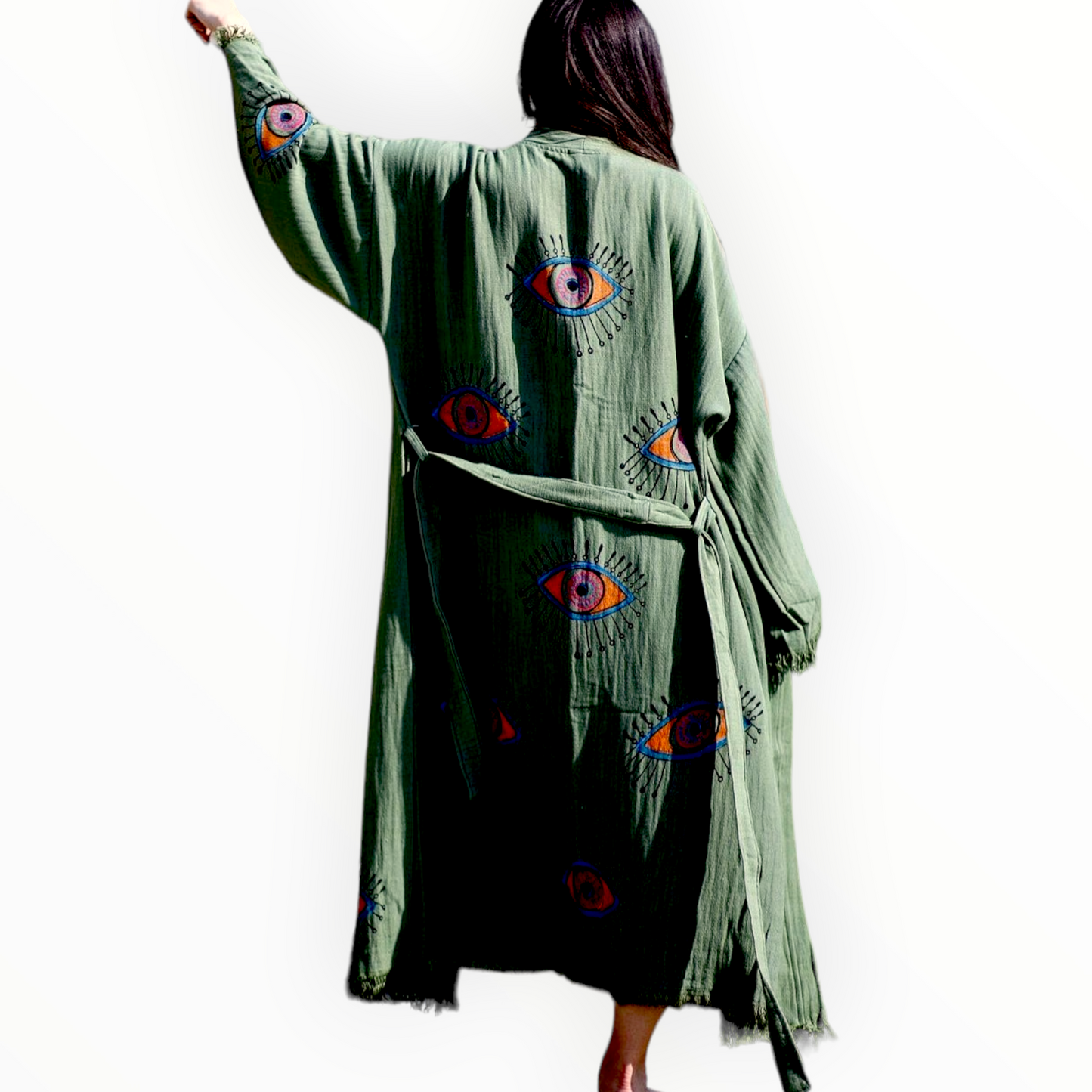 Hand-Made Block Print Evil Eye Olive Kimono Robe Kaftan