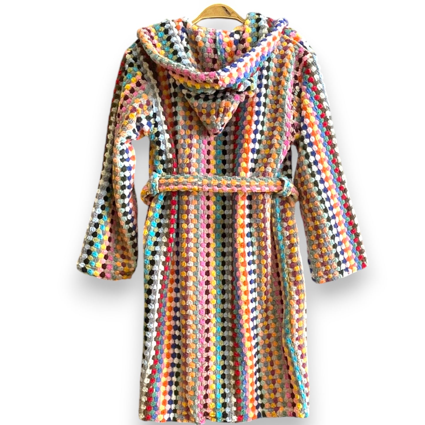 Handmade handwoven Turkish cotton terry towel kids bathrobe with PomPom design, ultra-soft, absorbent, natural and safe for children back view