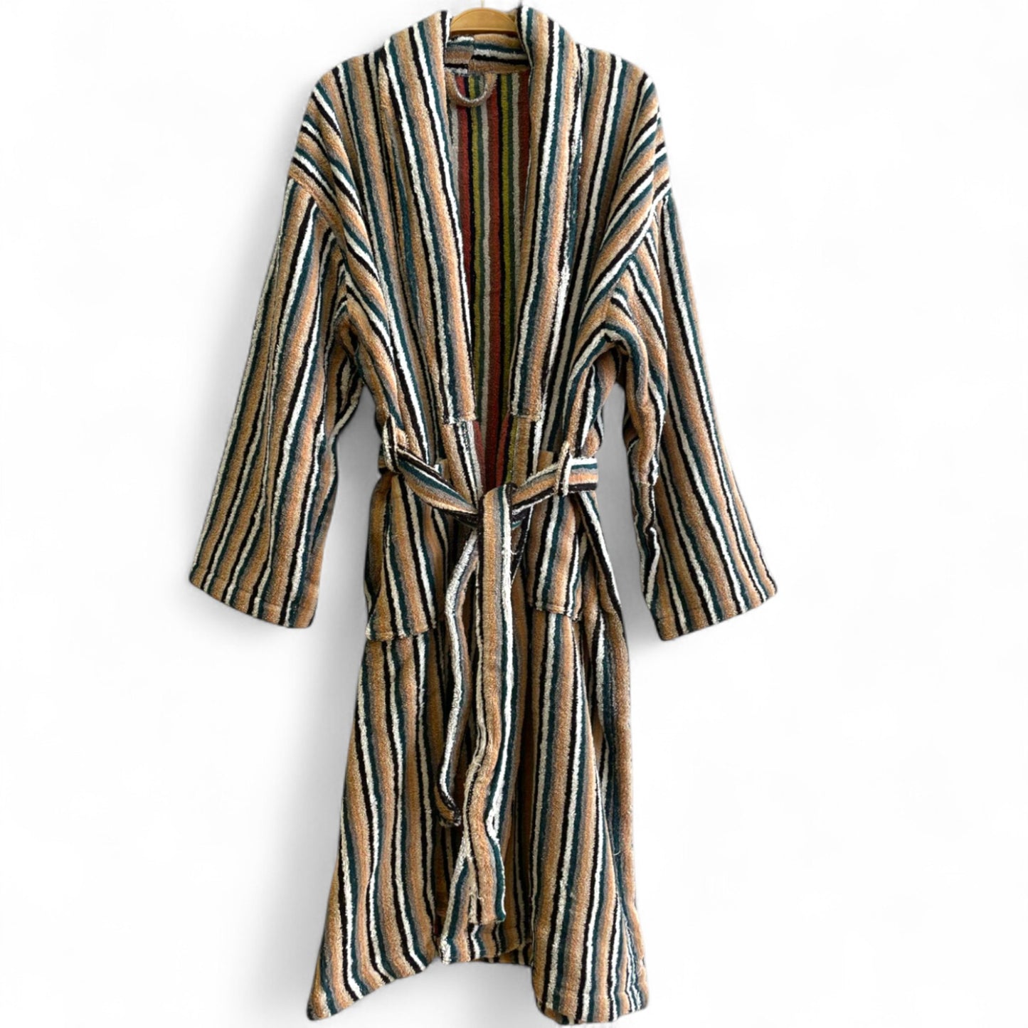 Front view of Turkish Terry Towel Bathrobe with traditional stripe pattern