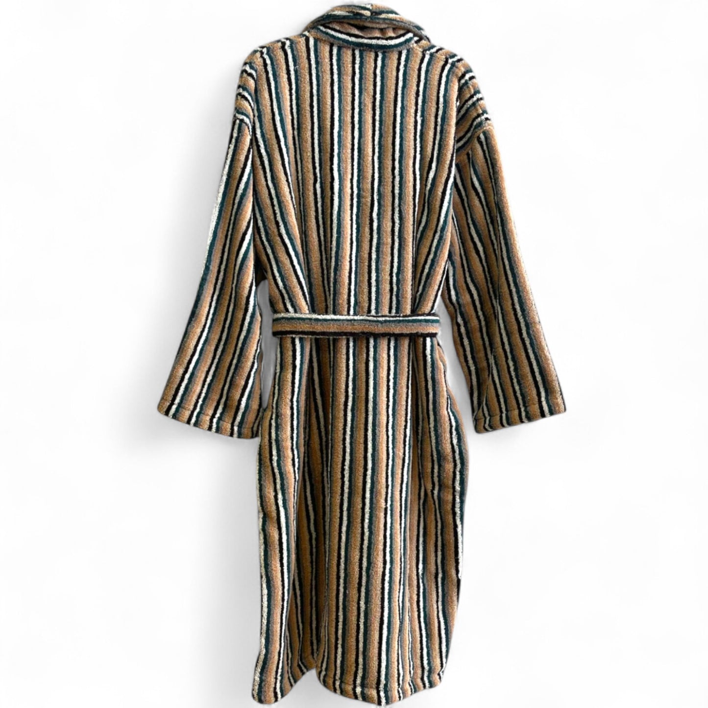Back view of Turkish Terry Towel Bathrobe with traditional stripe pattern