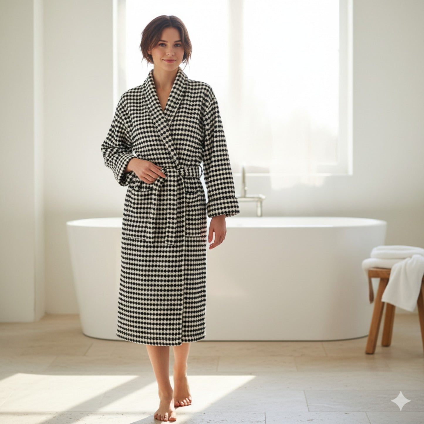 Turkish Terry Towel Unisex Bathrobe Black White Dotted Pompom Design Shawl Collar