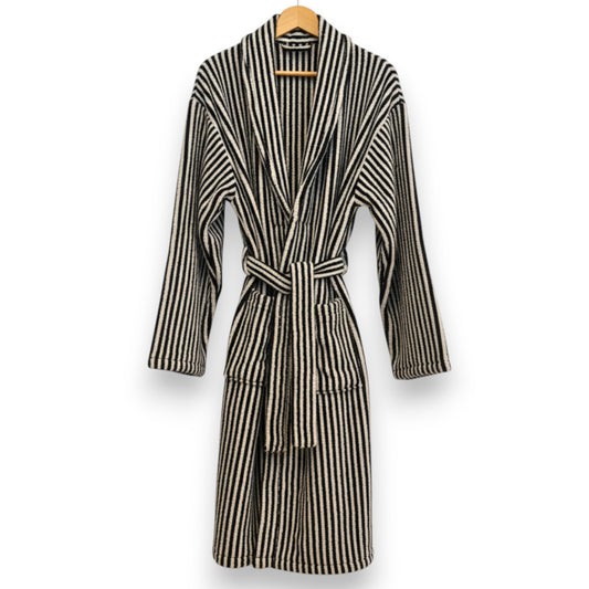 Turkish terry towel unisex bathrobe in black and white stripe design with a shawl collar, made from natural cotton for comfort and absorbency.