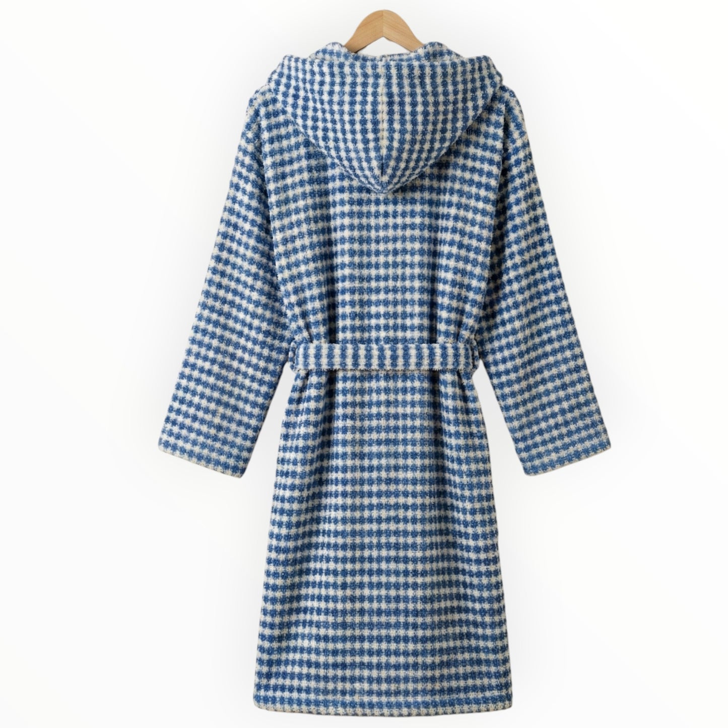 Turkish Terry Towel Unisex Bathrobe Indigo Dotted Pompom Design Hooded