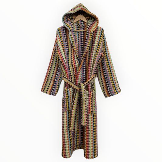 Turkish Terry Towel Unisex Bathrobe Multi Color Dotted Pompom Design Hooded