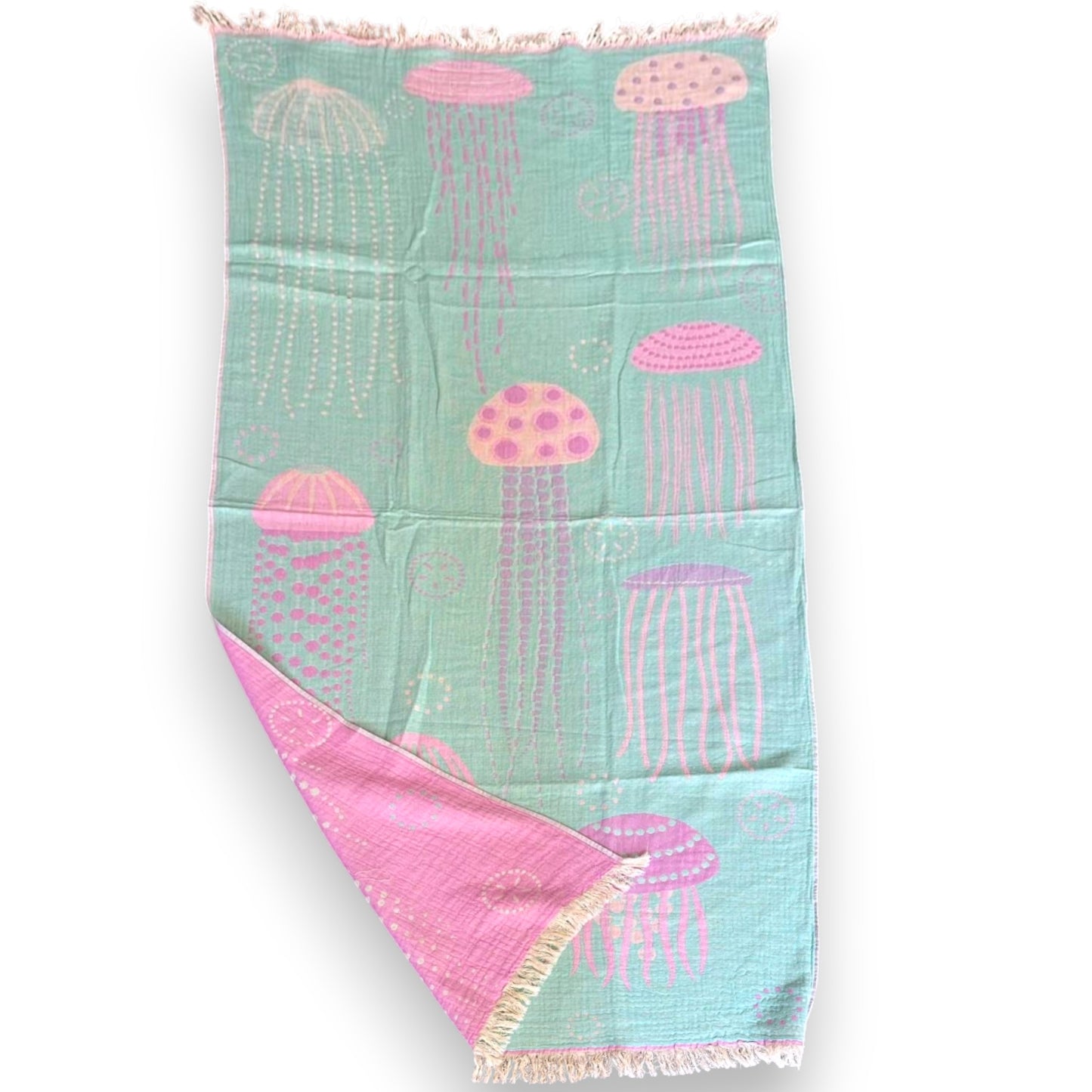 Hand-Woven Three Layers Natural Cotton Turkish Towel Pestemal Jellyfish Design