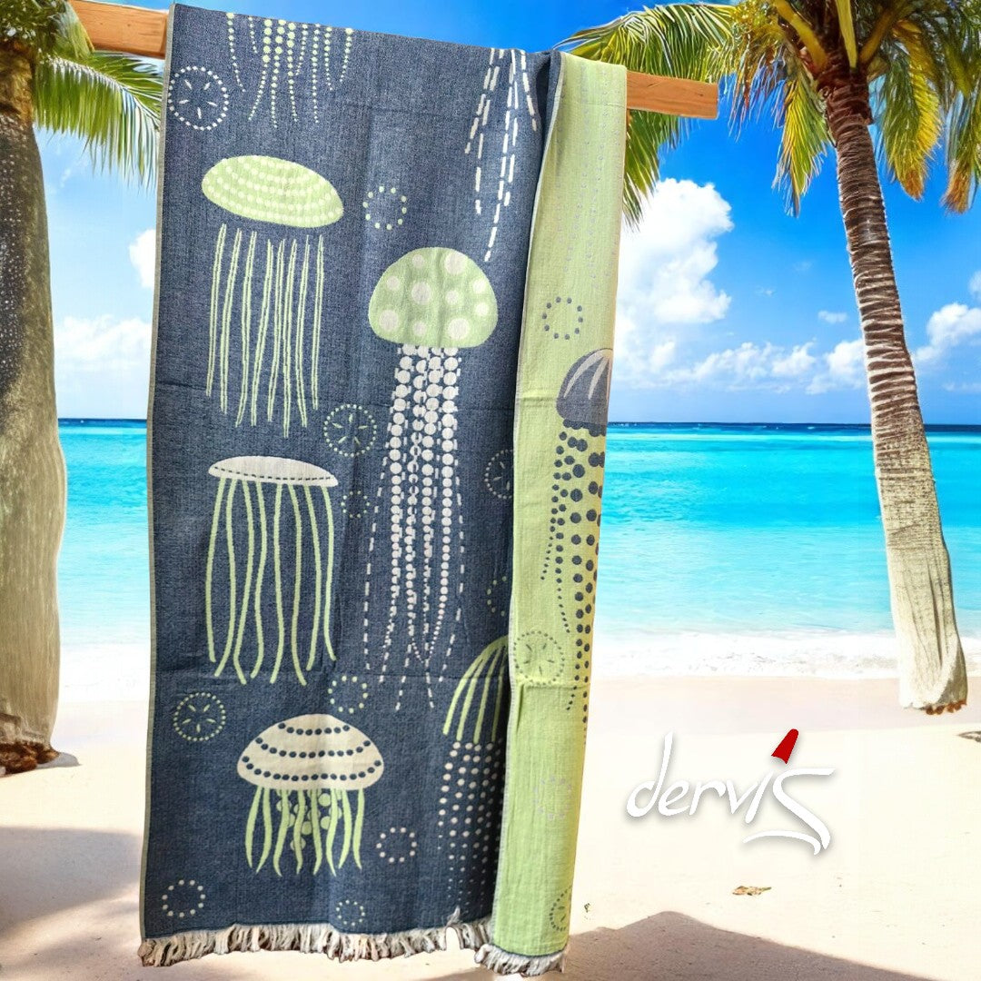 Hand-Woven Three Layers Natural Cotton Turkish Towel Pestemal Jellyfish Design