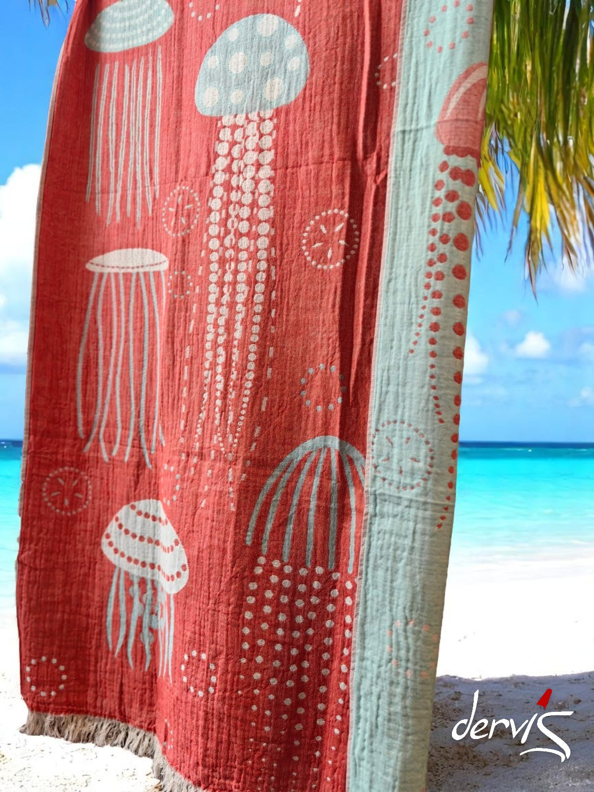 Hand-Woven Three Layers Natural Cotton Turkish Towel Pestemal Jellyfish Design