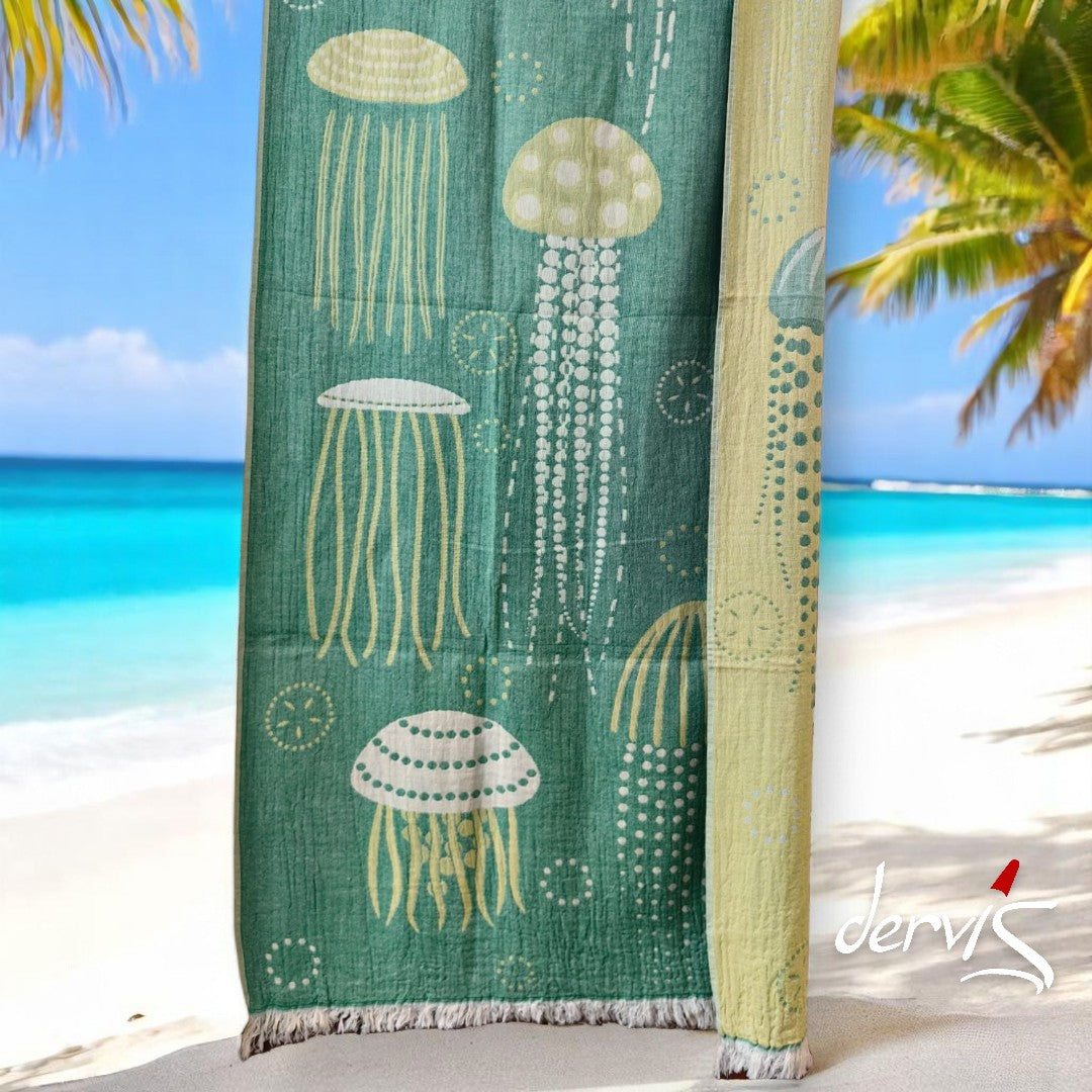 Hand-Woven Three Layers Natural Cotton Turkish Towel Pestemal Jellyfish Design