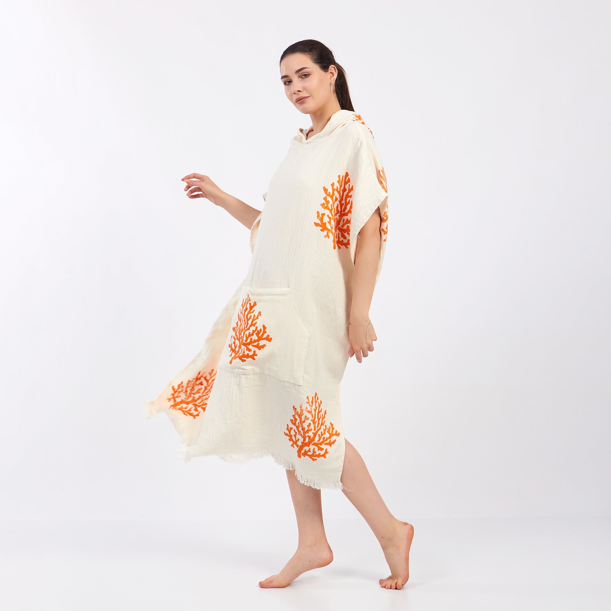 Turkish Towel Surf Poncho, Beach Poncho, Changing Poncho, Coral Design Dervis Natural Textile Turkish Towel Surf Poncho, Beach Poncho, Changing Poncho, Coral Design Dervis Natural Textile