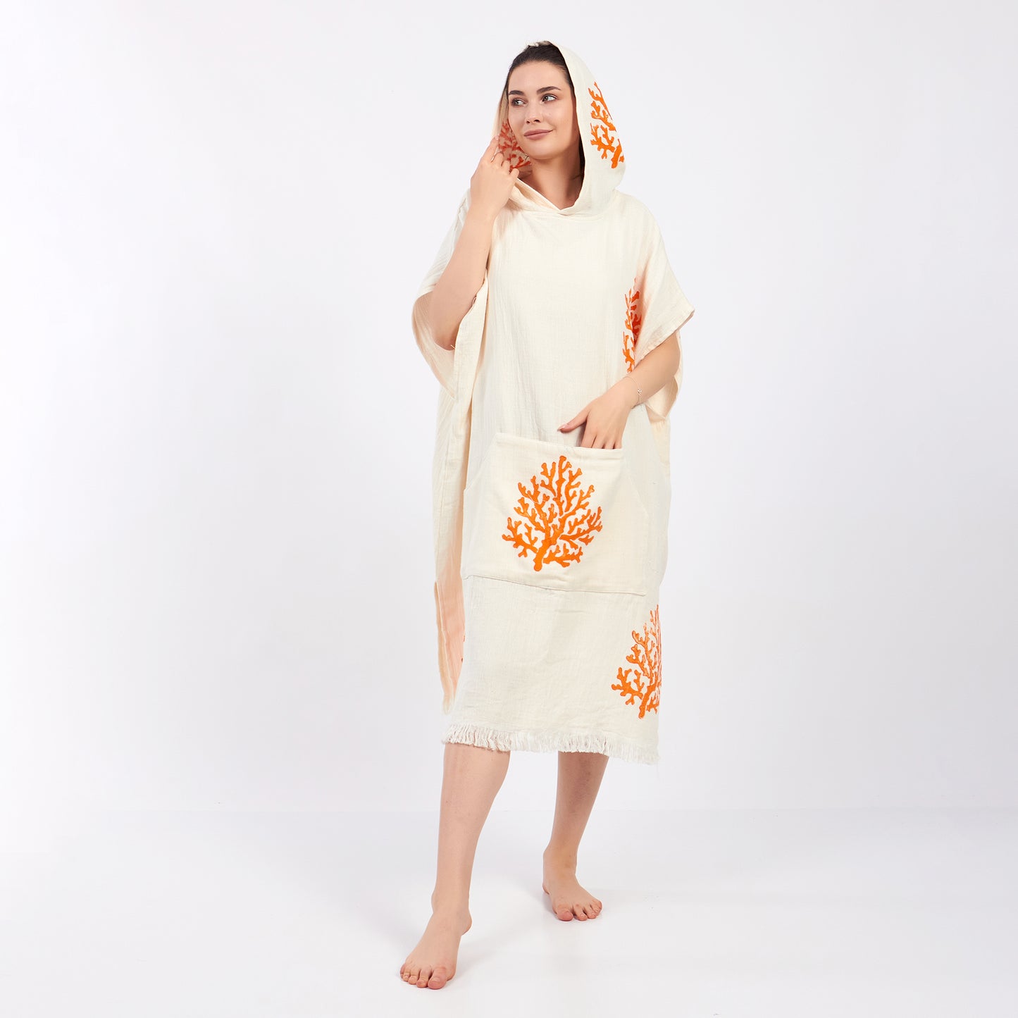 Turkish Towel Surf Poncho, Beach Poncho, Changing Poncho, Coral Design Poncho