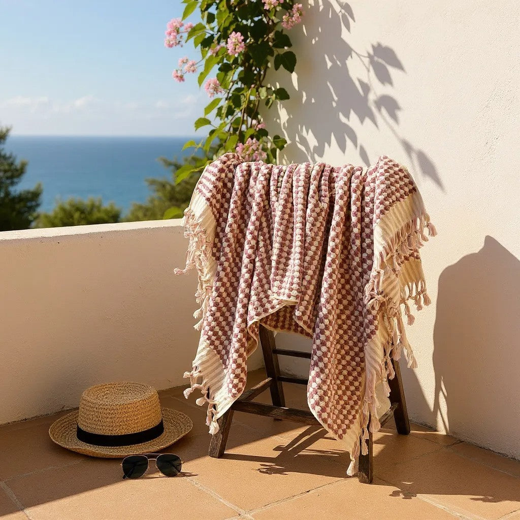 Turkish Terry Hammam Towel in Rose Pink Dotted Design – Luxury Cotton Bath Towel with Matching Hand Towel and Bathrobe Available Online. An example of summer beach towel