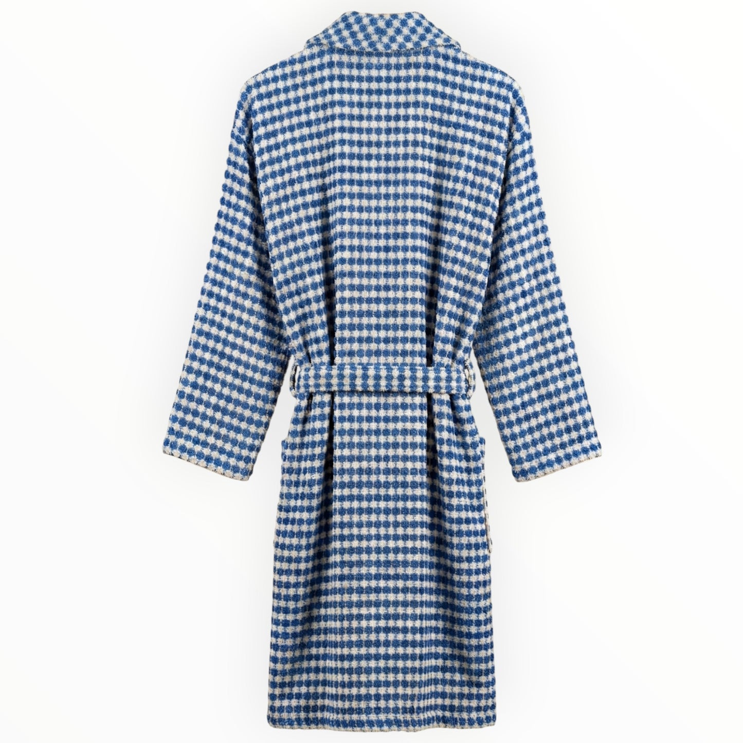 Turkish Terry Towel Bathrobe Indigo Dotted Pompom Design Shawl Collar