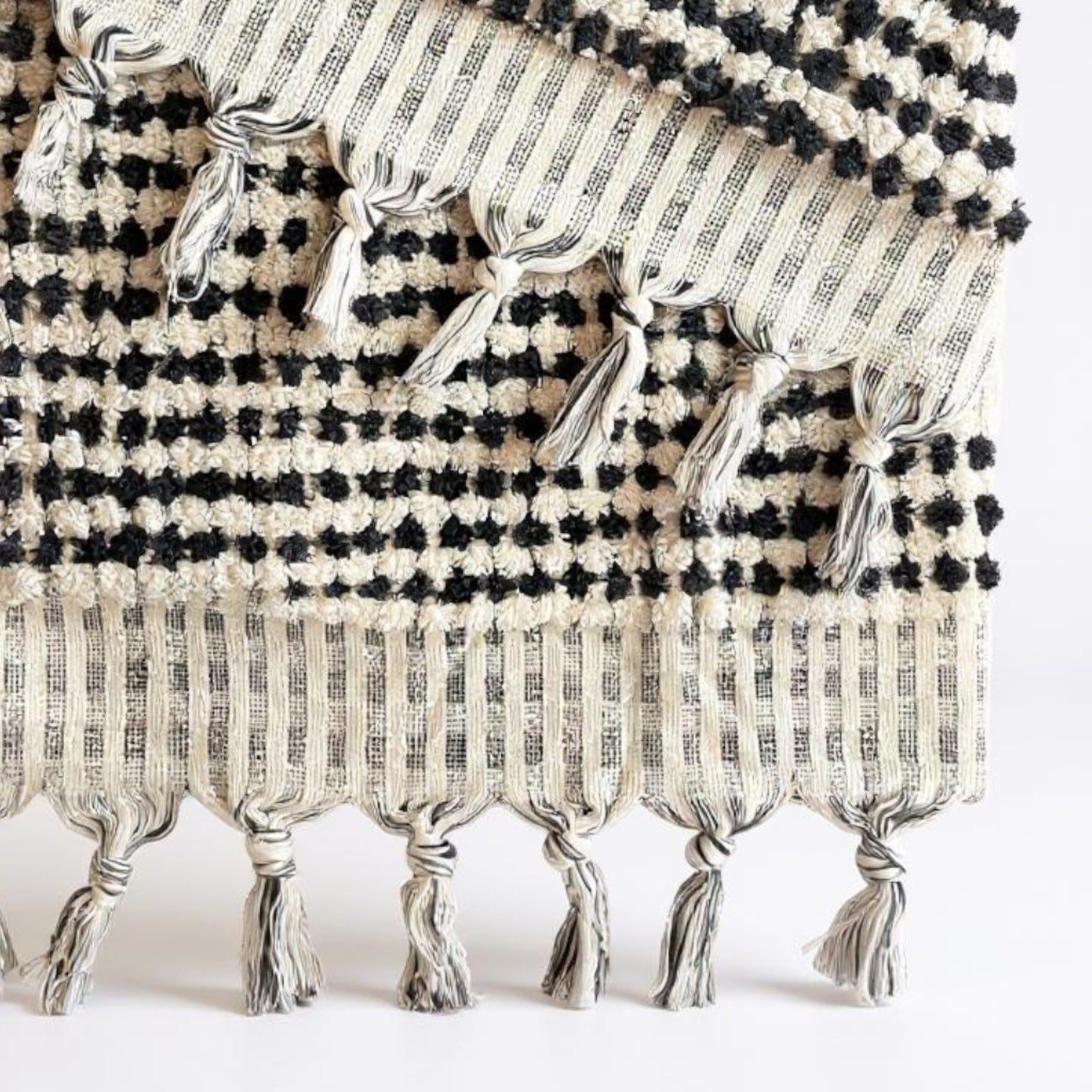 Turkish Terry Towel Hammam Towel Bath Towel Black White Dotted Hand Woven Natural Turkish Cotton detail view tussels and nodes