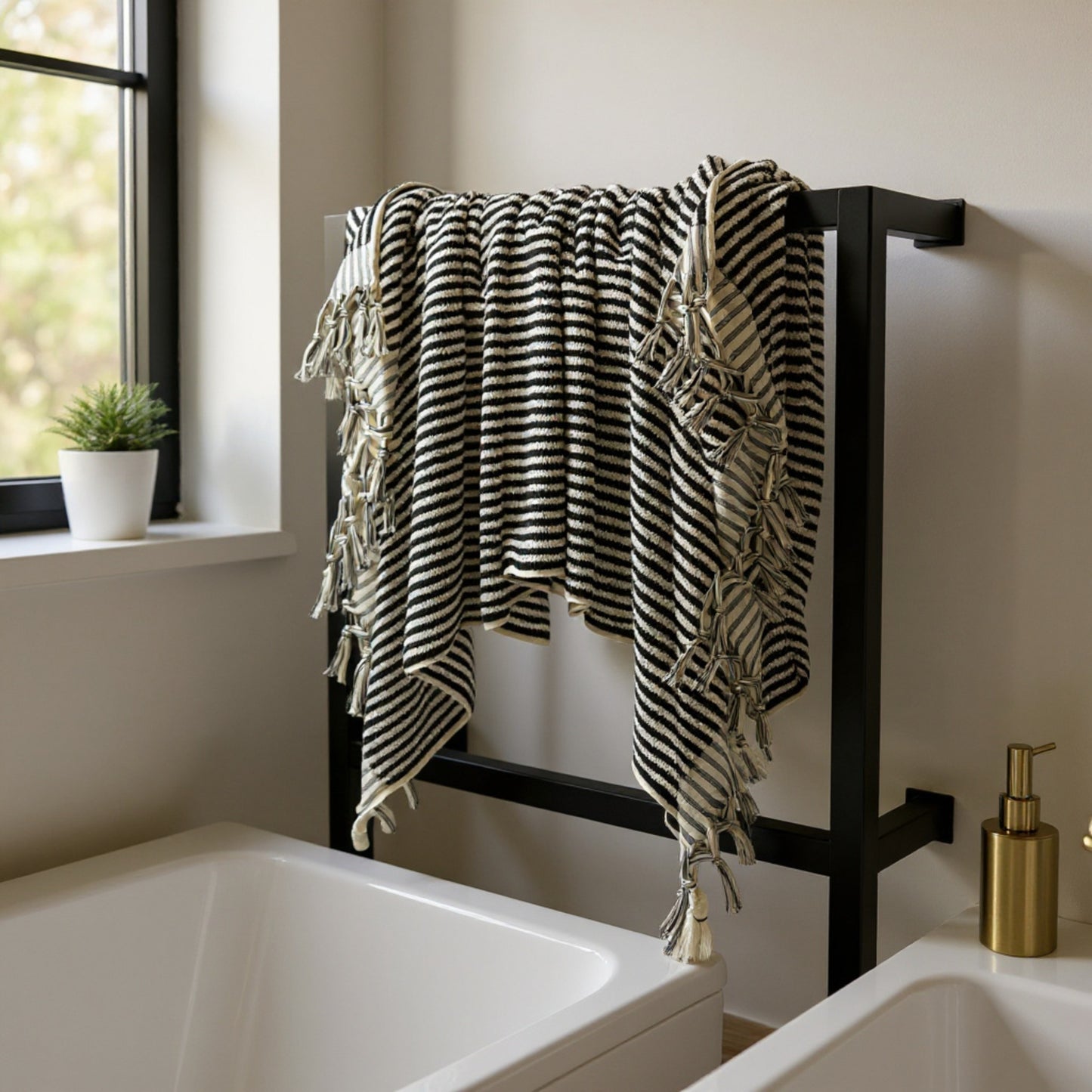 Handmade Turkish Terry Hammam Towel Black Stripe – Luxury Cotton Bath Towel with Fringe Edges - Turkish Bath Towel