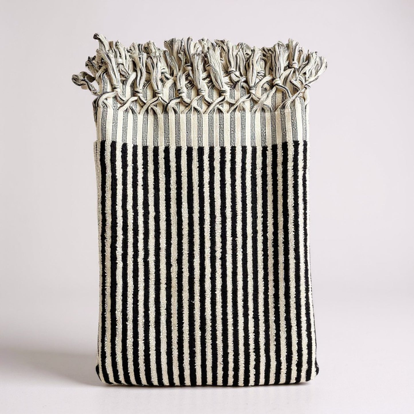 Handmade Turkish Terry Hammam Towel Black Stripe – Luxury Cotton Bath Towel with Fringe Edges - Turkish Bath Towel detailed view