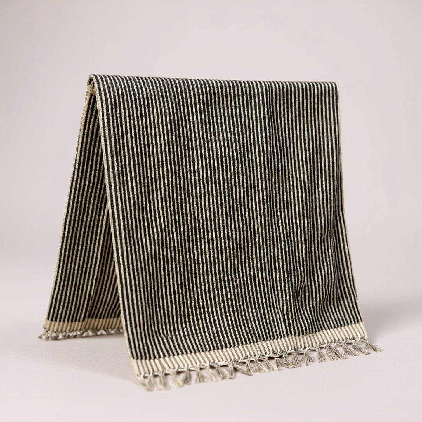 Handmade Turkish Terry Hammam Towel Black Stripe – Luxury Cotton Bath Towel with Fringe Edges - Turkish Bath Towel full view
