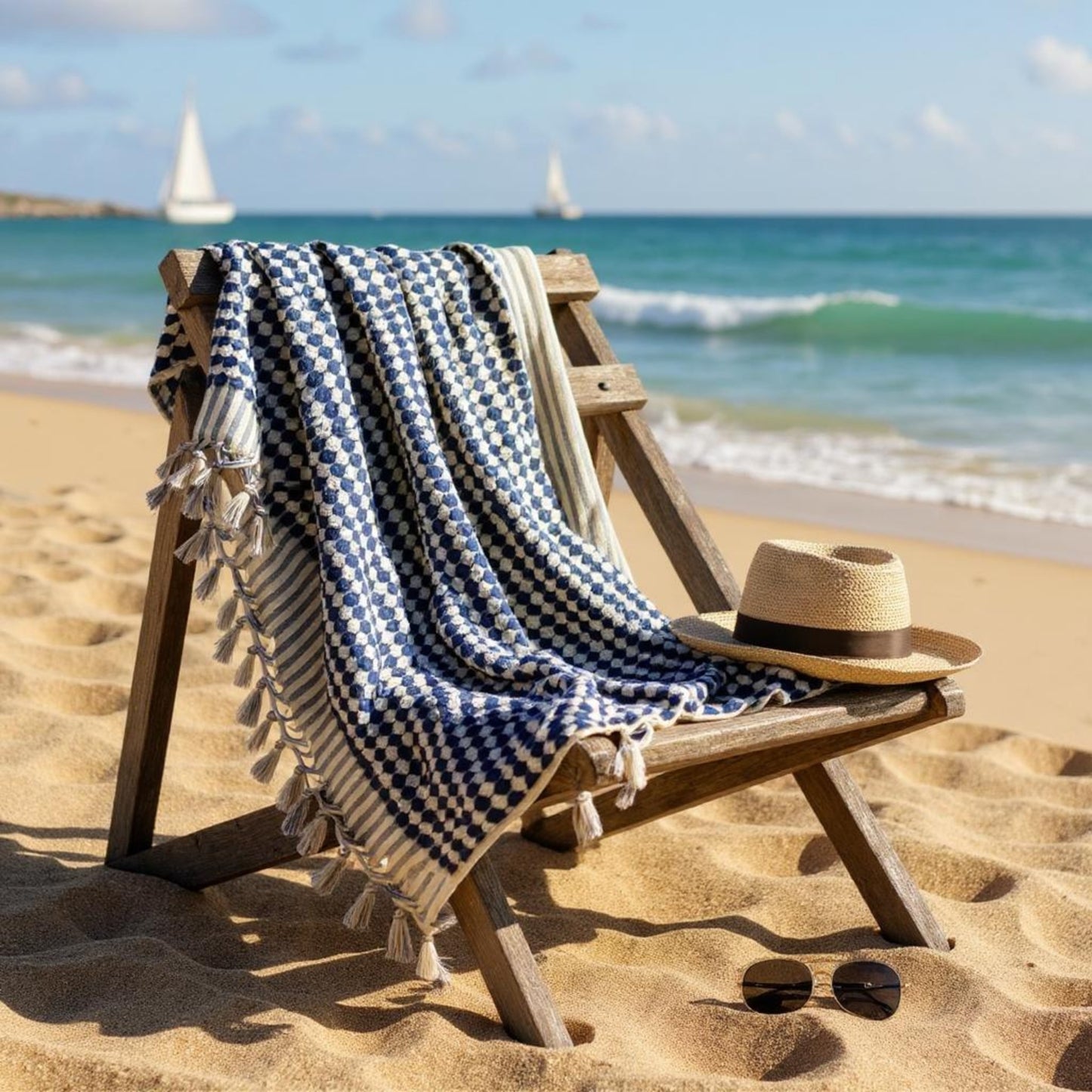 Beach chair with a blue and white checkered towel and a straw hat on a sandy beach with ocean and sailboats in the background.
