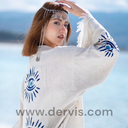 Hand Woven Linen Turkish Evil Eye Nazar Kimono Robe