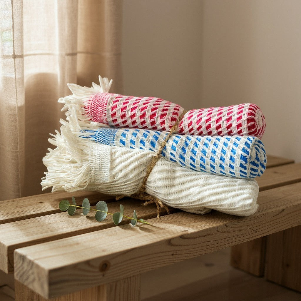 3-piece handwoven cotton towel set in random colors, multipurpose use as tea towel, guest towel, wash cloth, baby towel, kitchen towel, or sport towel