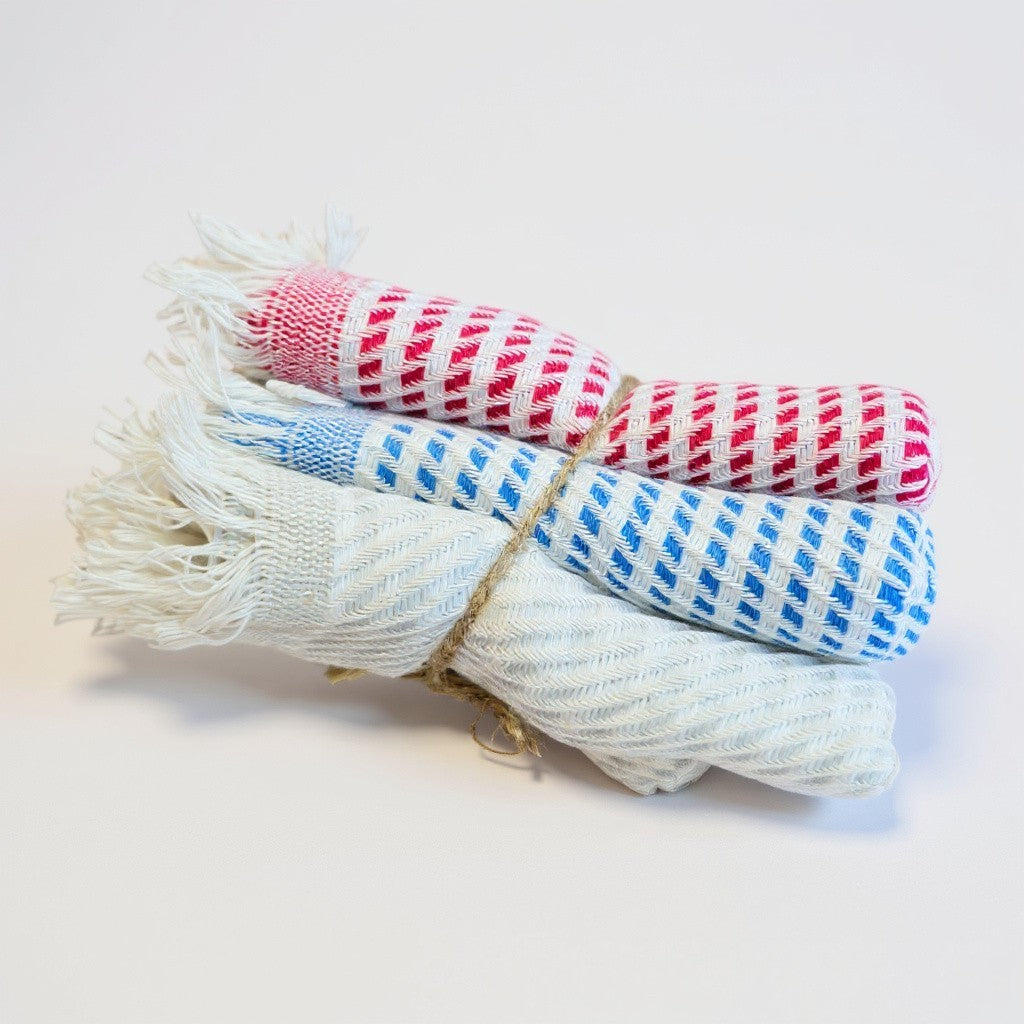 3-piece handwoven cotton towel set in random colors, multipurpose use as tea towel, guest towel, wash cloth, baby towel, kitchen towel, or sport towel