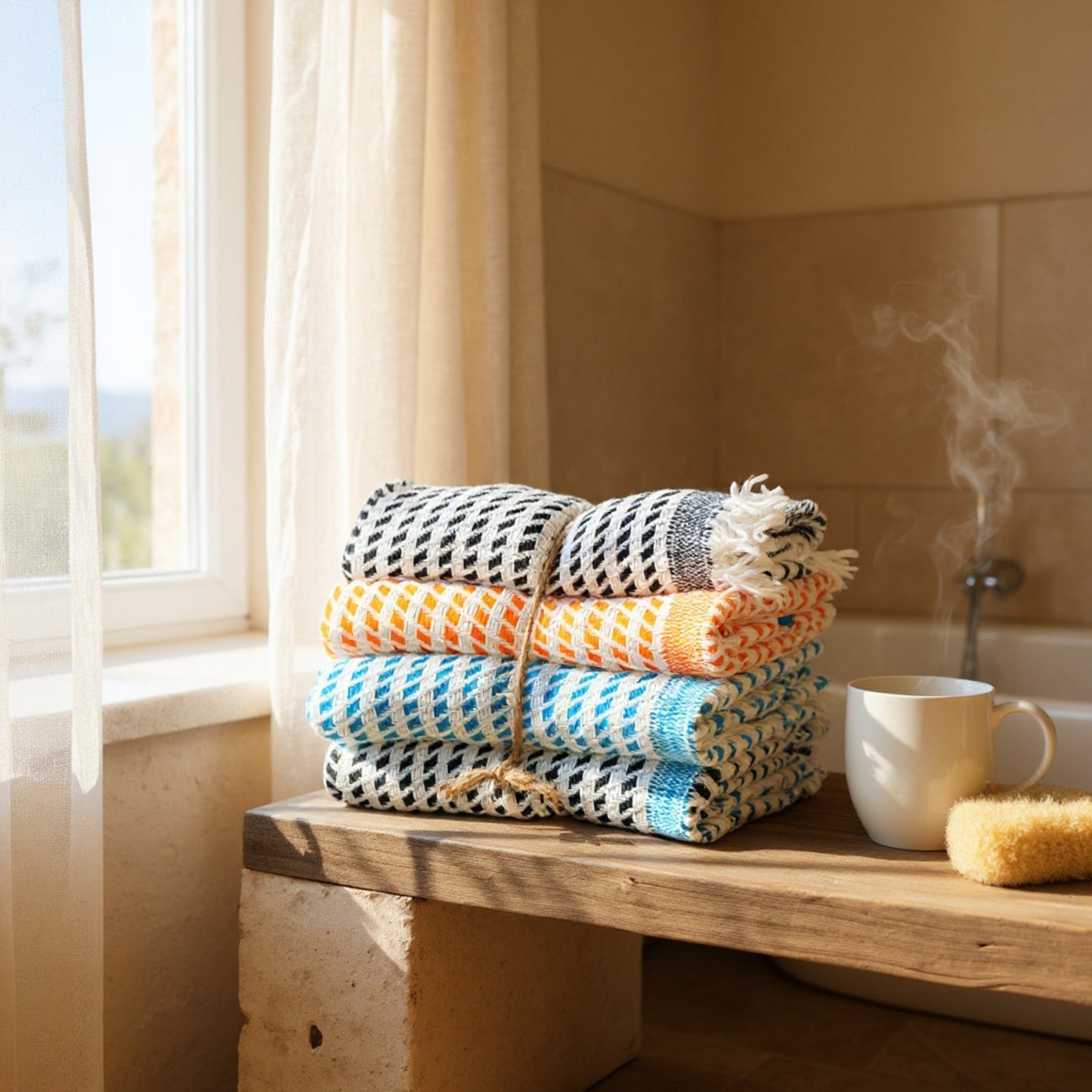 3-piece handwoven cotton towel set in random colors, multipurpose use as tea towel, guest towel, wash cloth, baby towel, kitchen towel, or sport towel