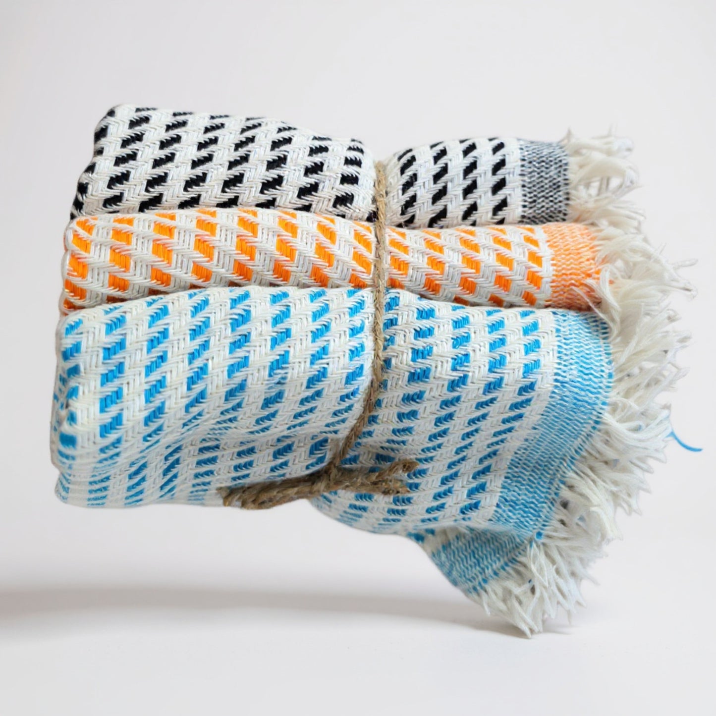 3-piece handwoven cotton towel set in random colors, multipurpose use as tea towel, guest towel, wash cloth, baby towel, kitchen towel, or sport towel