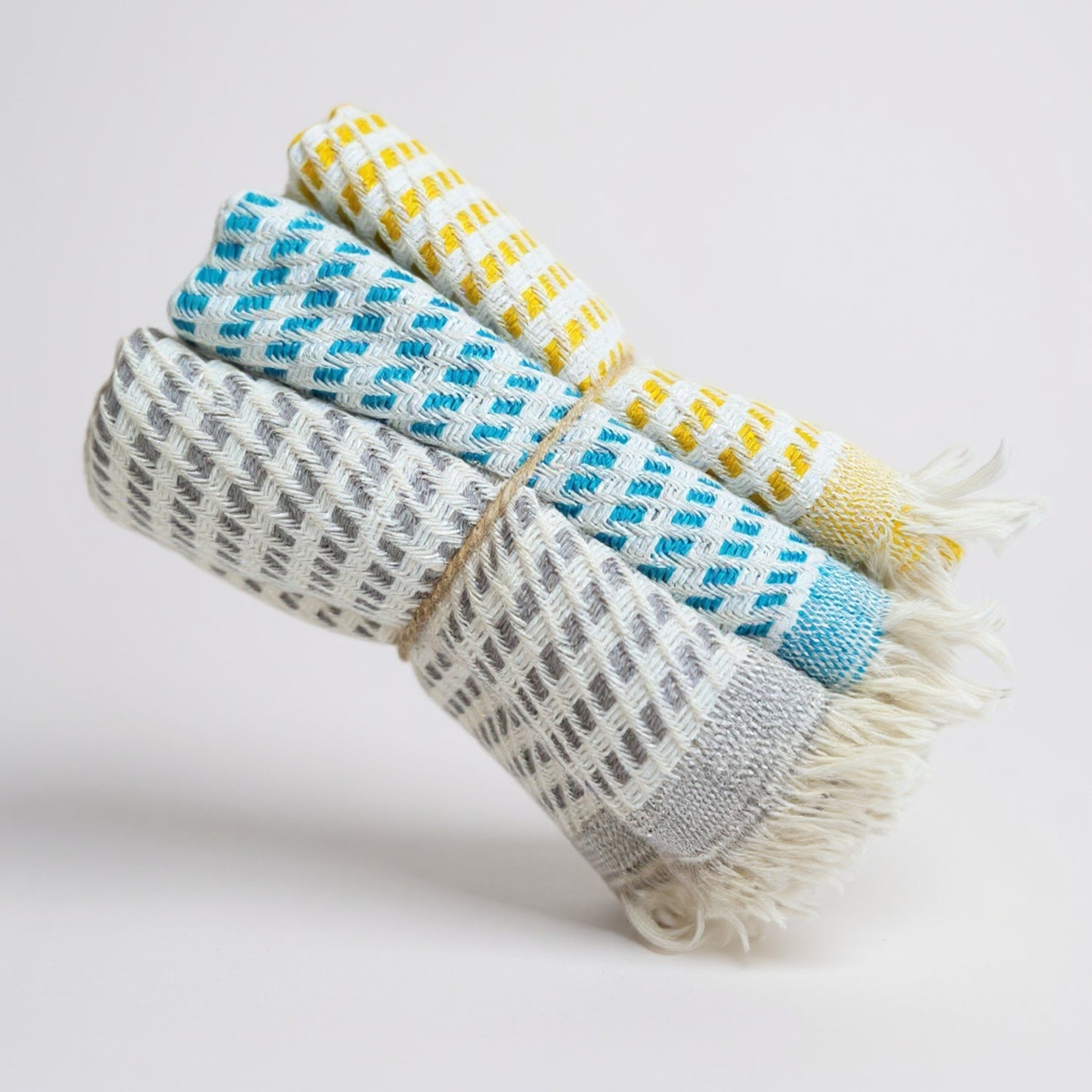 3-piece handwoven cotton towel set in random colors, multipurpose use as tea towel, guest towel, wash cloth, baby towel, kitchen towel, or sport towel