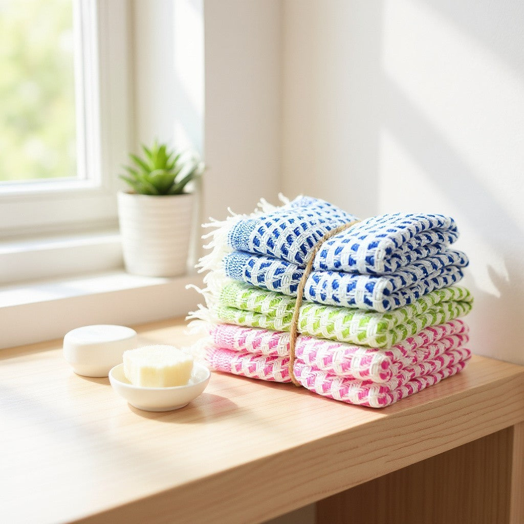 Stack of colorful towels on a wooden surface with a window and plant in the background