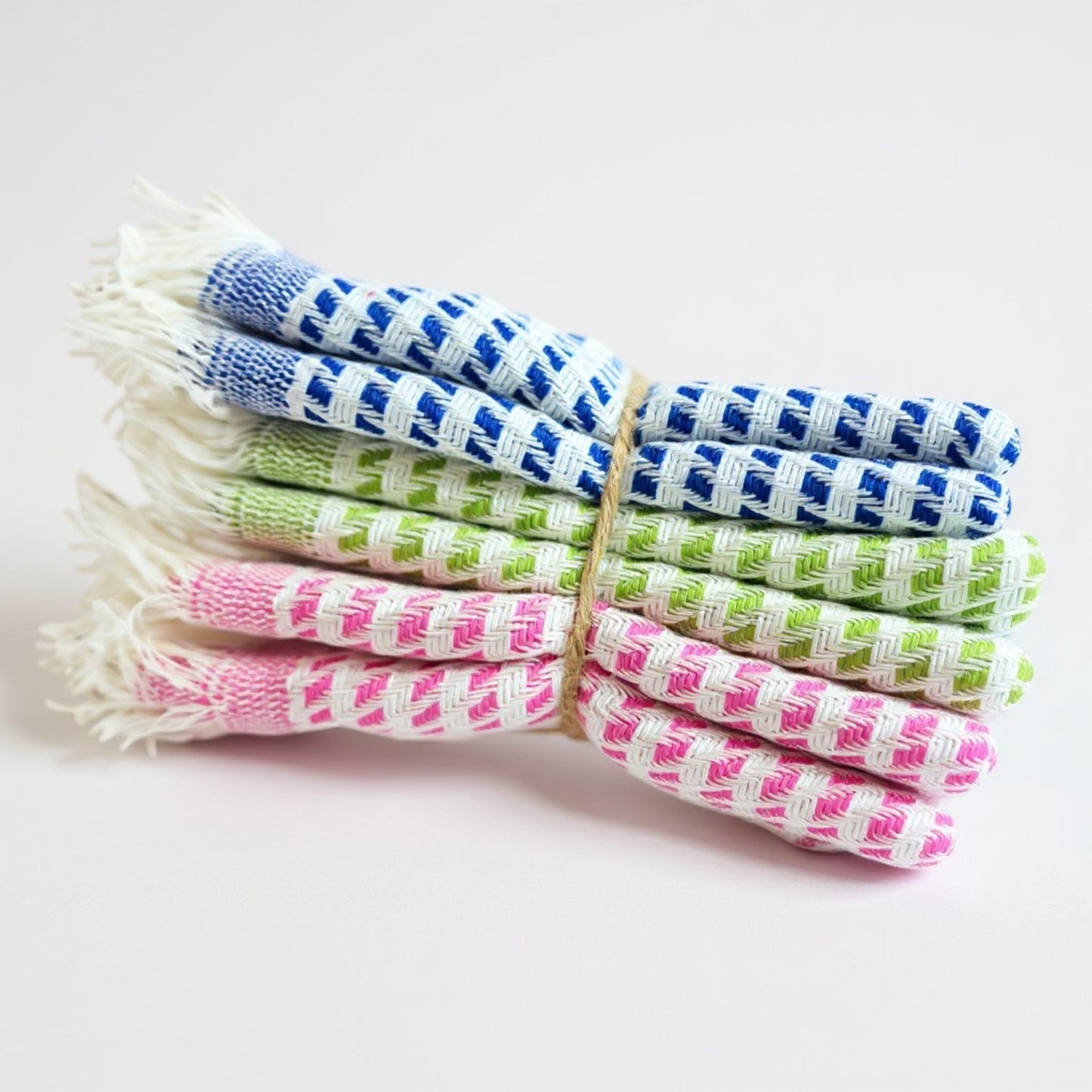 3-piece handwoven cotton towel set in random colors, multipurpose use as tea towel, guest towel, wash cloth, baby towel, kitchen towel, or sport towel