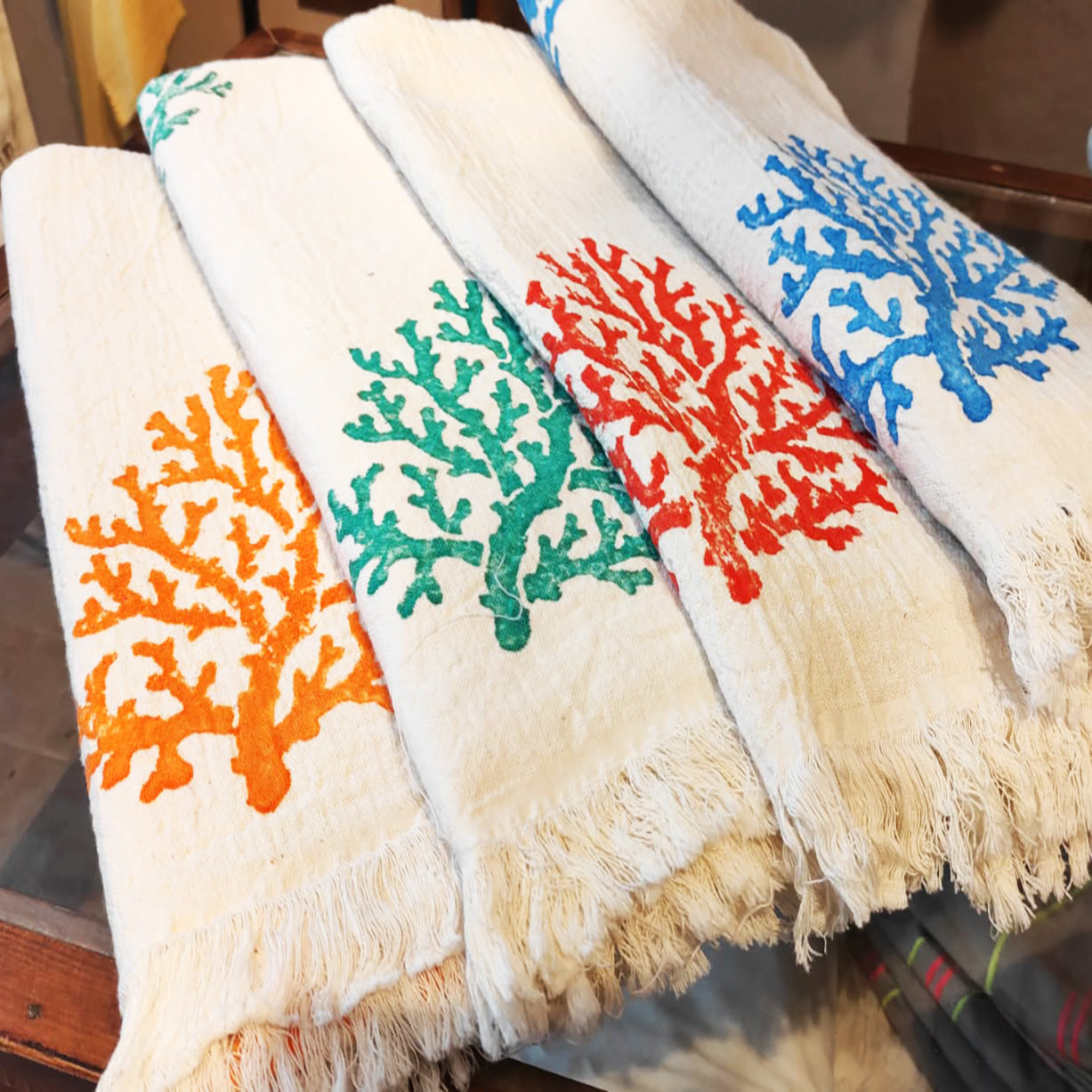 Hand Print Coral Design Turkish Towel Pestemal