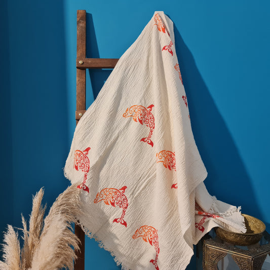 Hand Print 3D Fish Design Turkish Towel Pestemal