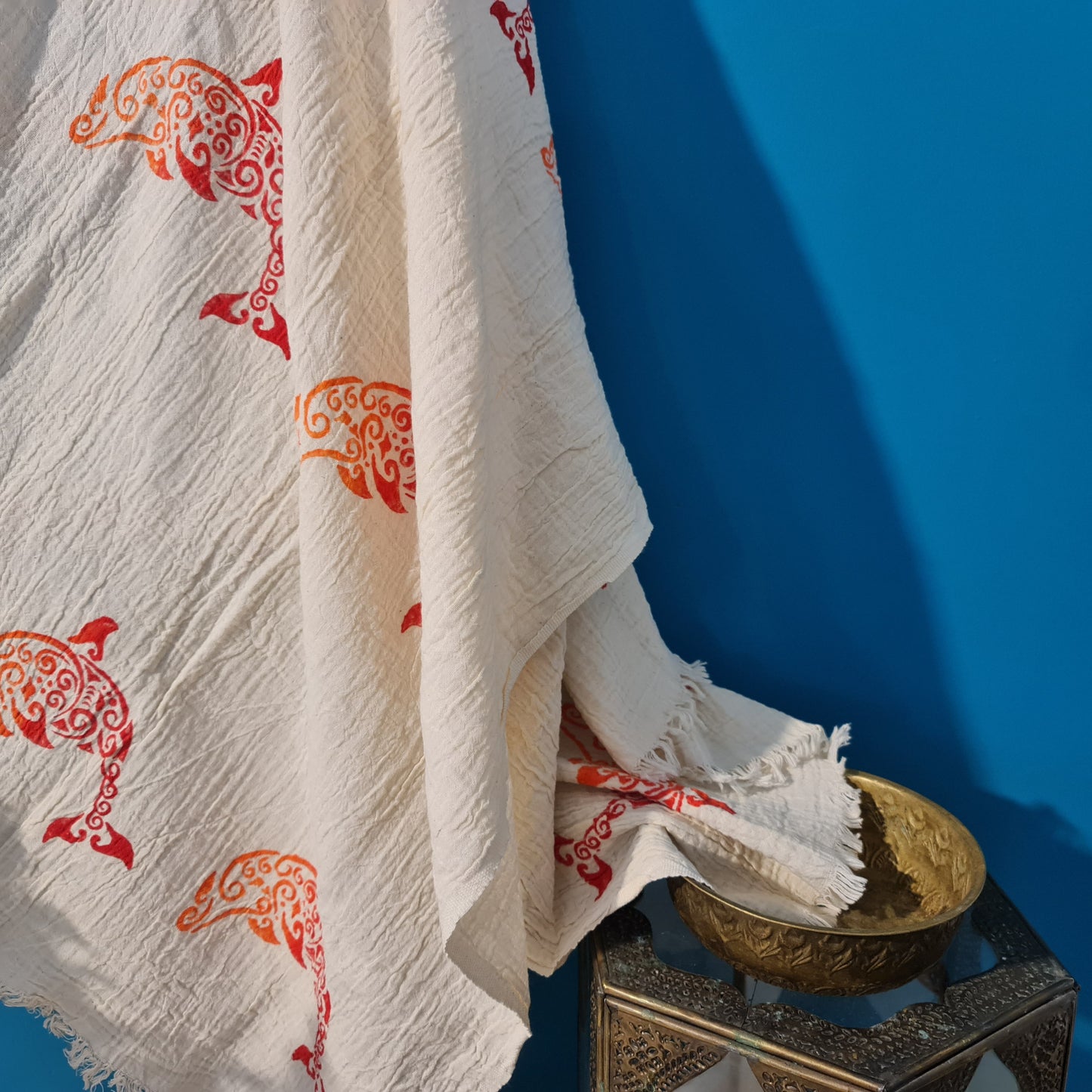 Hand Print 3D Fish Design Turkish Towel Pestemal