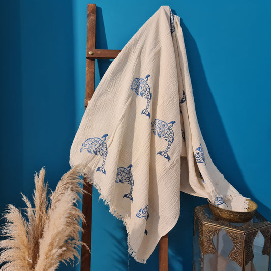 Hand Print 3D Fish Design Turkish Towel Pestemal