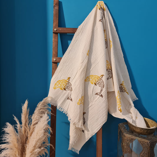 Hand Print 3D Fish Design Turkish Towel Pestemal