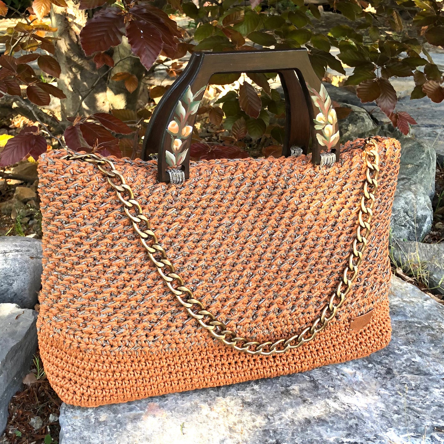 Hand-Made Hand Knitted Hand Bag With Painted Handles