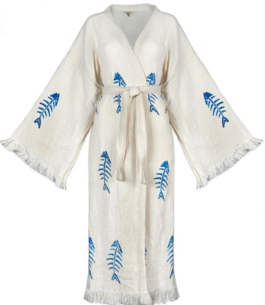 Hand-Woven Natural Cotton Blue Fish Pattern Turkish Towel Kimono