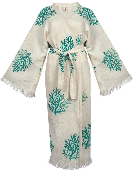 Hand-Woven Natural Cotton Coral Pattern Turkish Towel Kimono