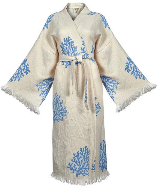 Hand-Woven Natural Cotton Blue Coral Pattern Turkish Towel Kimono