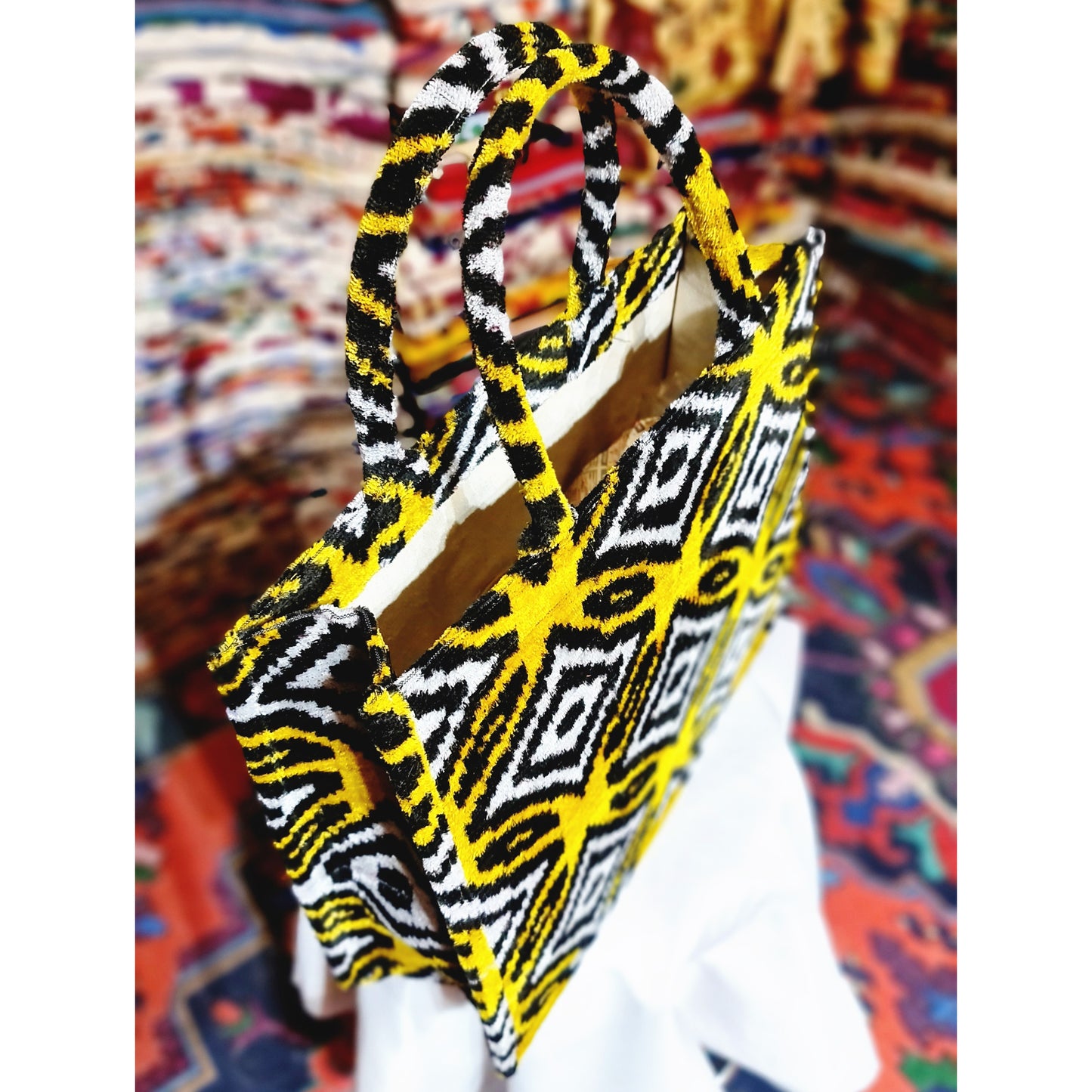 Silk Velvet Ikat Tote Bag Yellow Black