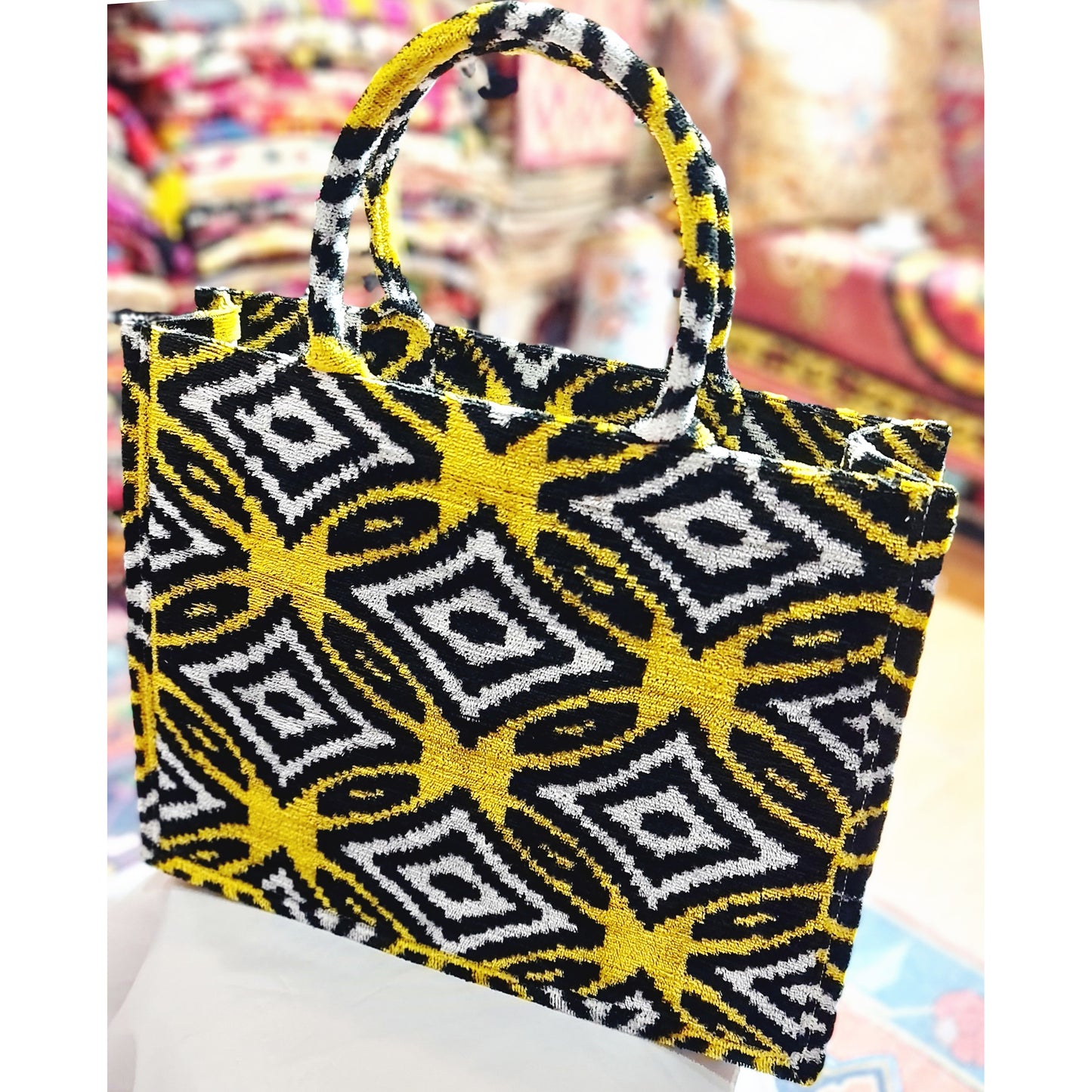 Silk Velvet Ikat Tote Bag Yellow Black