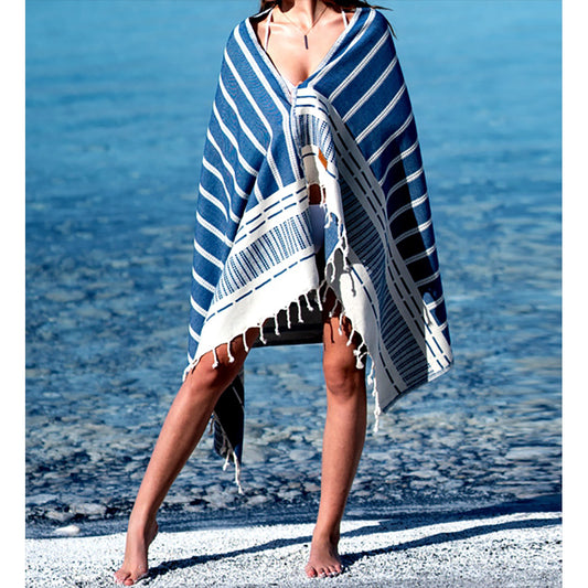 Stripe Jacquard Design Natural Cotton Turkish Towel Pestemal Indigo