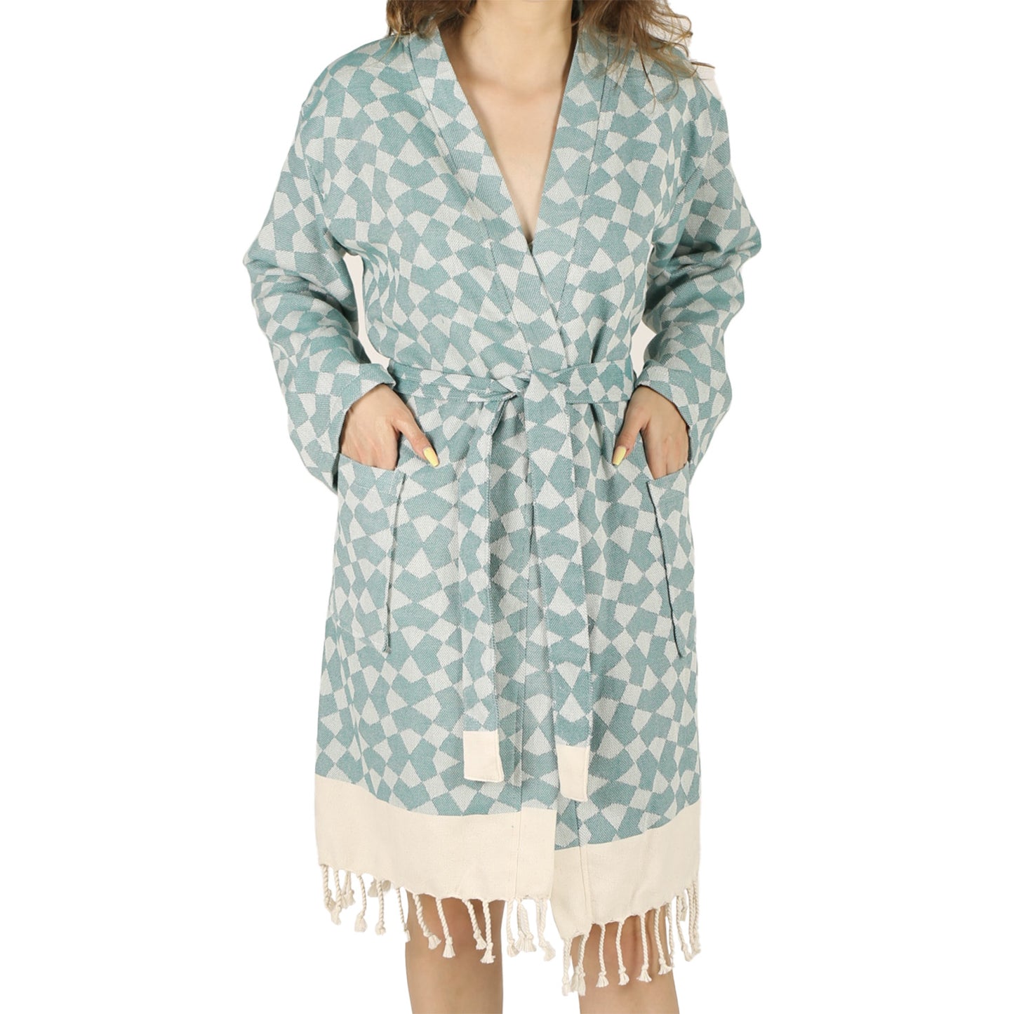 Kimono Bathrobe Natural Cotton Turkish Towel Green