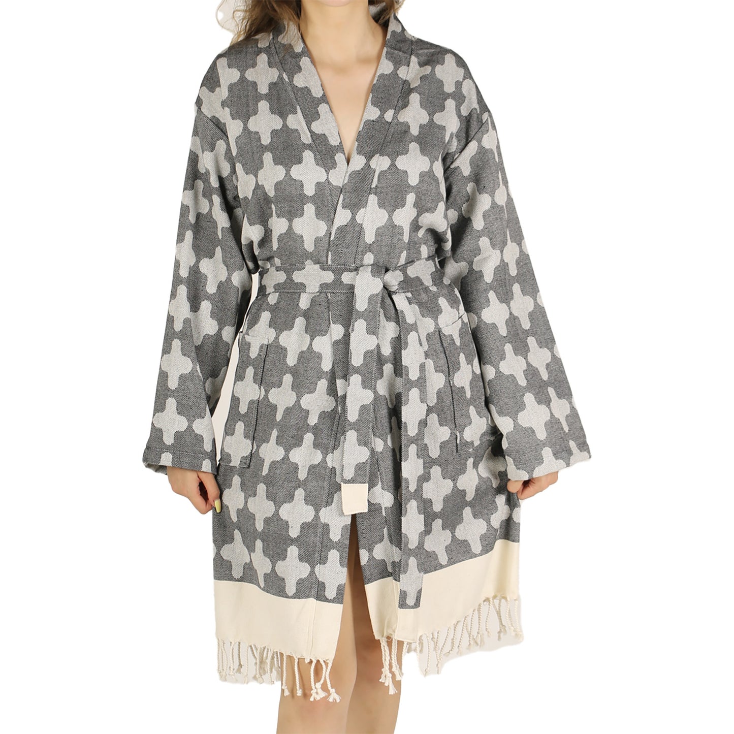 Kimono Bathrobe Natural Cotton Turkish Towel Grey