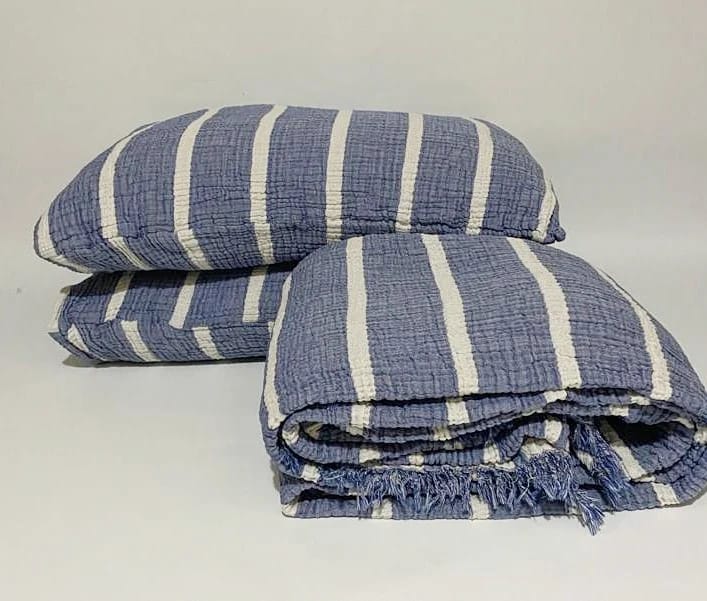 Muslin Natural Cotton Blanket Pillow Set Stripe Gauze Blanket for Adult