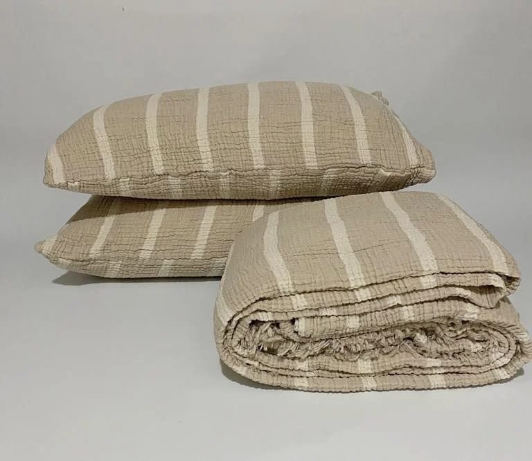Muslin Natural Cotton Blanket Pillow Set Stripe Gauze Blanket for Adult